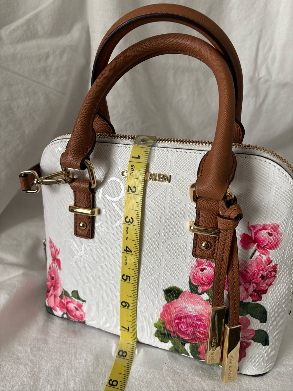 Calvin Klein White Floral Dome Satchel with Brown Trim and Gold Hardware - Picture 6 of 6